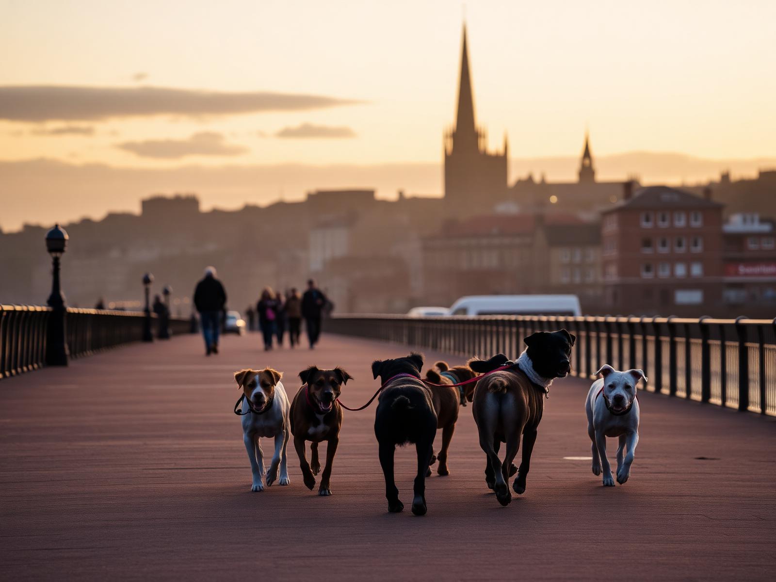 A pack walk along a Scottish promenade at dawn
