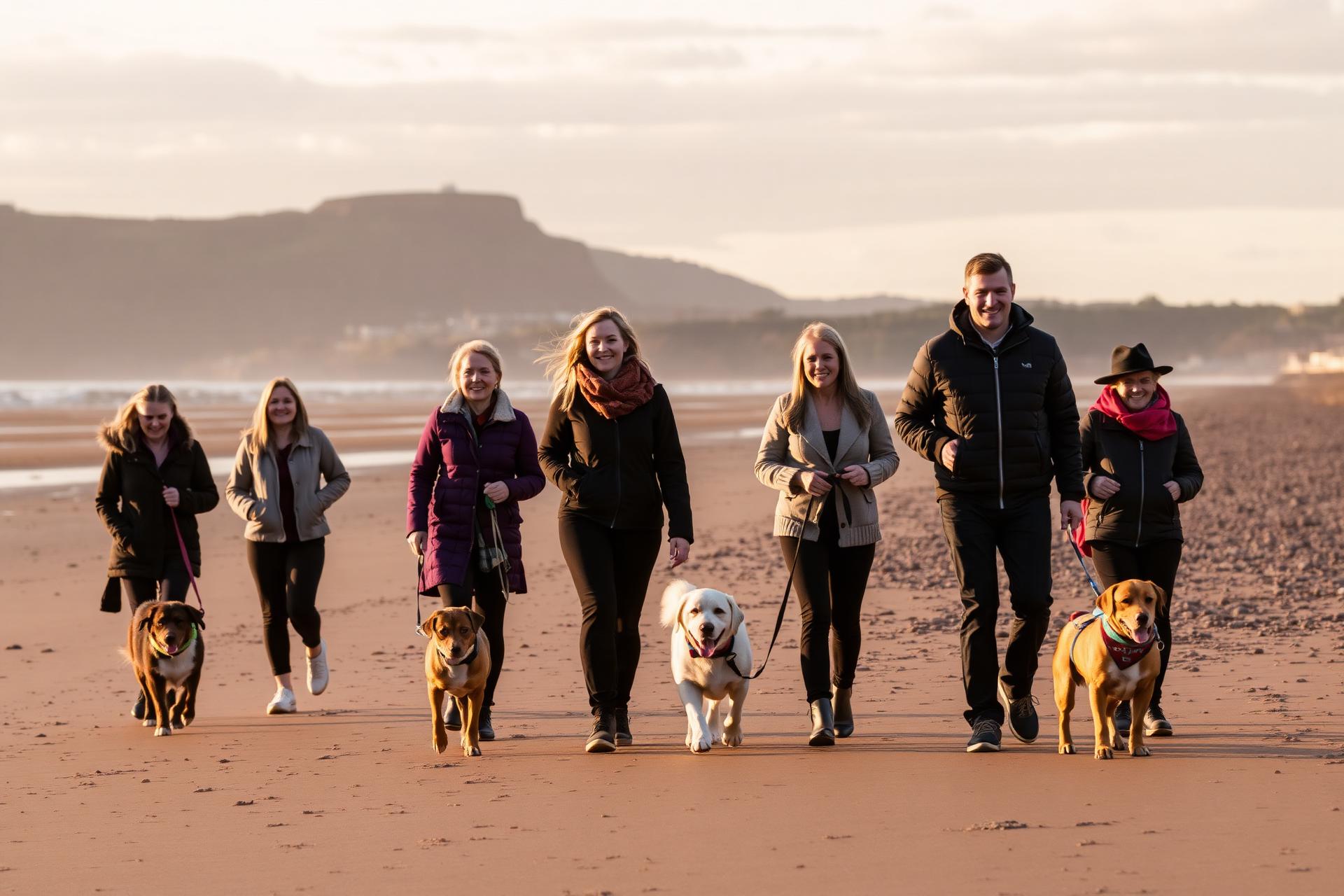 A group of dog parents walking with their dogs on a Scottish beach at golden hour